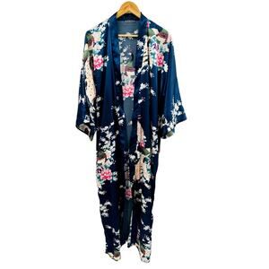 Kim + Ono Blue floral Long Kimono Robe